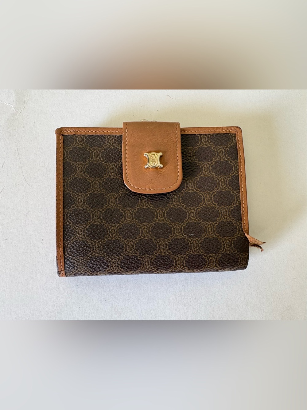 Vintage Celine Paris Macadam Monogram Bifold Wallet Coin Purse Brown Tan